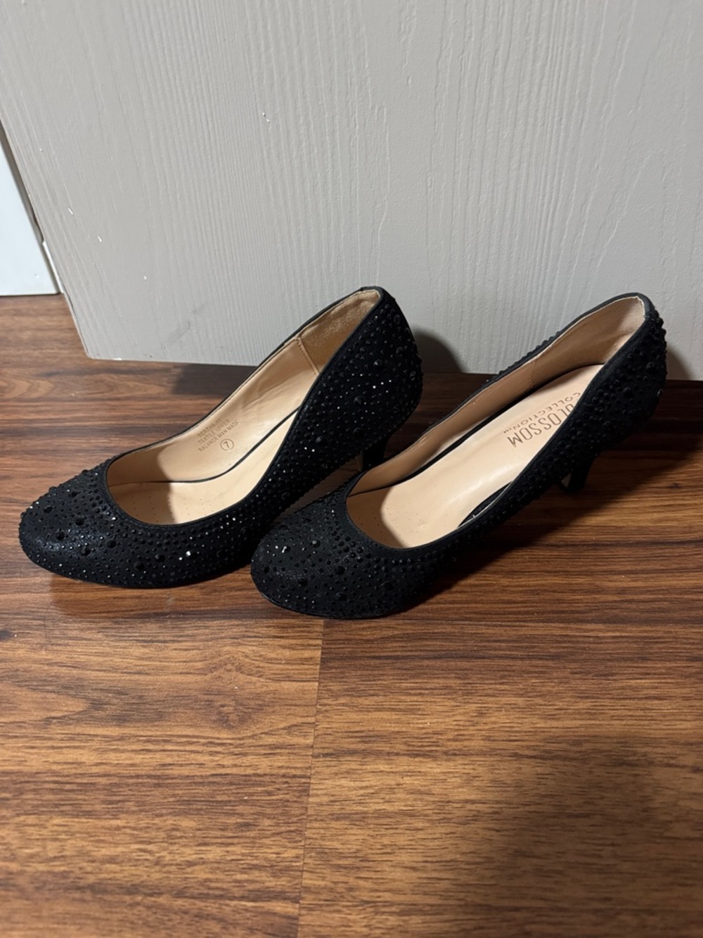 Black Crystal-Embellished Mid Heel Pumps